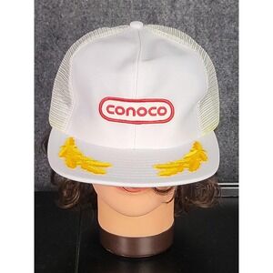 Vintage Conoco Trucker Hat‎ Sportcap White Mesh Snapback Gas Oil Patch Gold Leaf